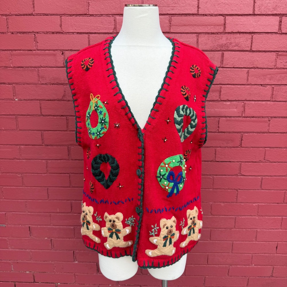 Hampshire Studio Christmas Sweater Vest Womens Size XL Holiday Bear Wreath Knit